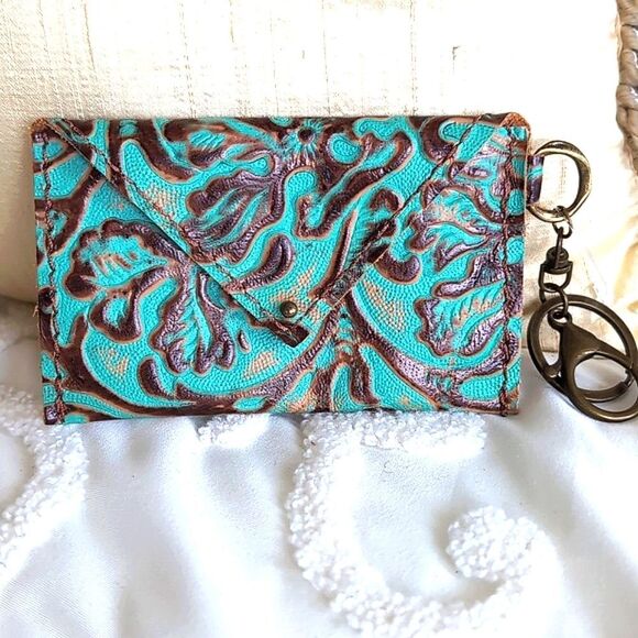 Turquoise and Brown Leather Tooled Artisan Keychain/C Card Money /Mini Wallet - Picture 1 of 10
